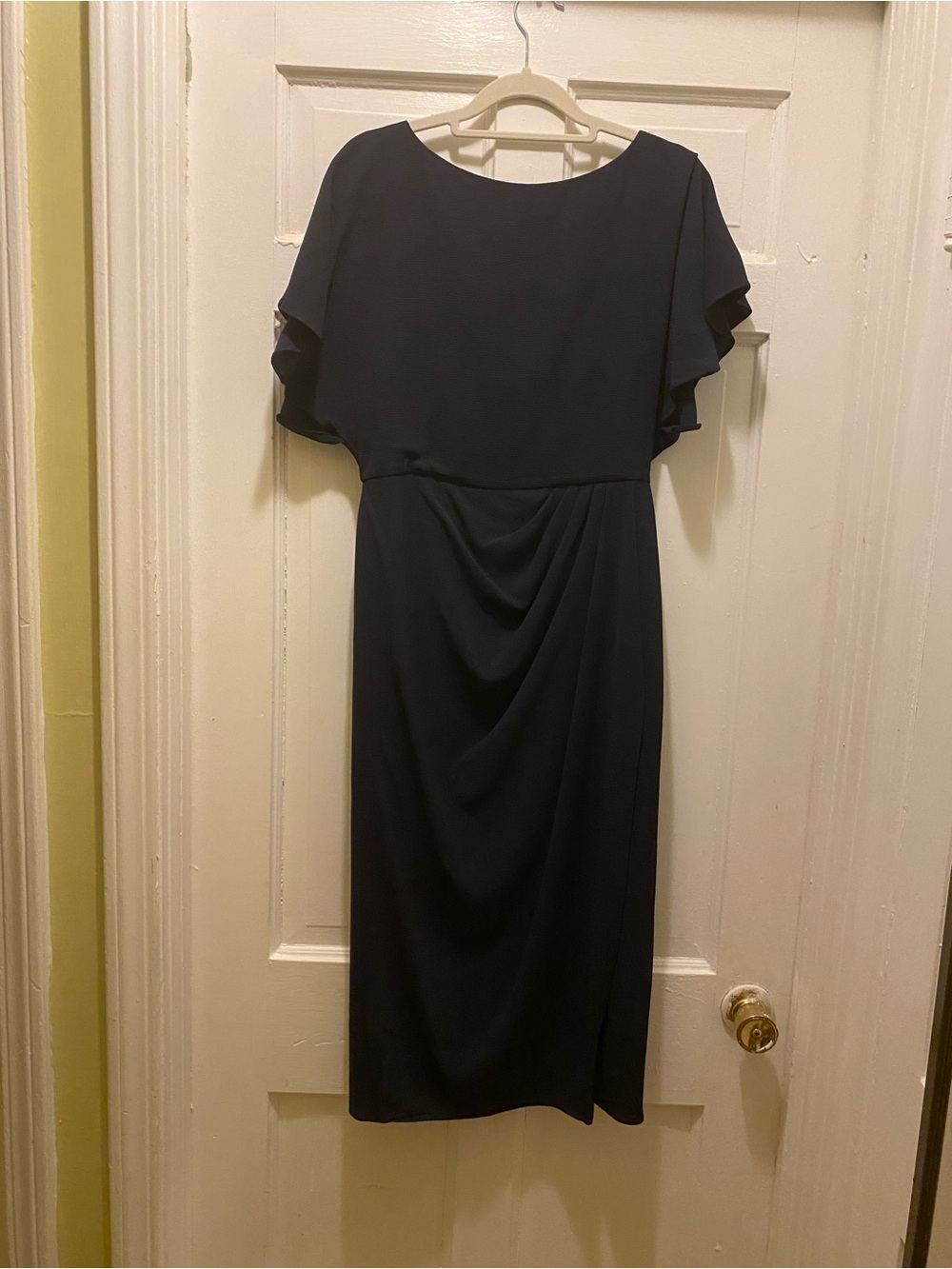 London Style Navy Midi Dress with Draped Front